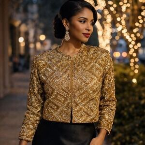 Vintage 1960s Laura Aponte Gold Sequin Beaded Evening Jacket Italy 38 Size 6